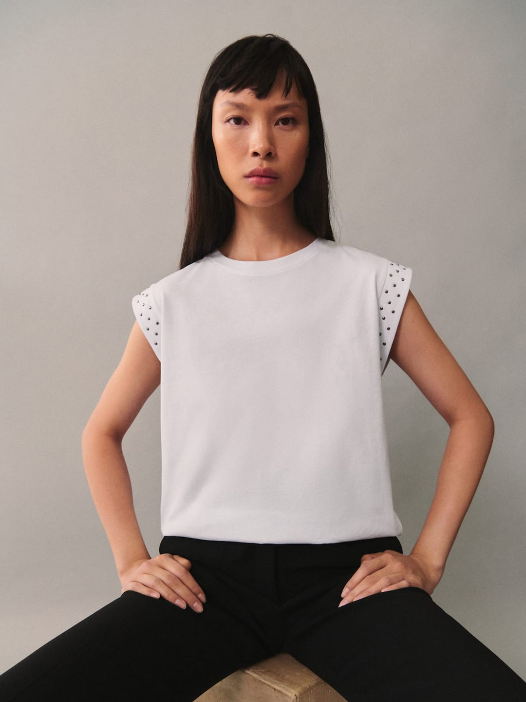 MANGO Studded Extended Sleeves Cotton T-shirt
