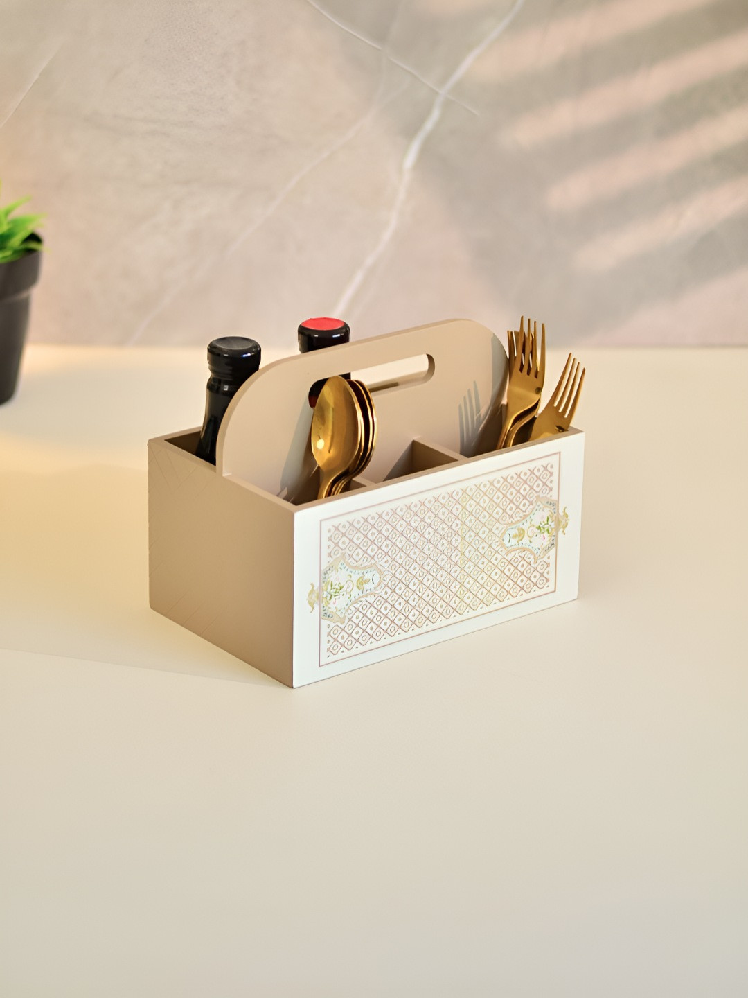 Cinch Home Beige Printed Wooden Cutlery Holder