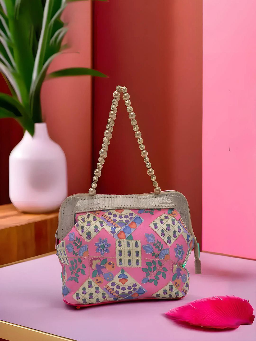 Kuber Industries Embroidery - Pink Small Handbag for Women Double Handle Bag Ladies Purse