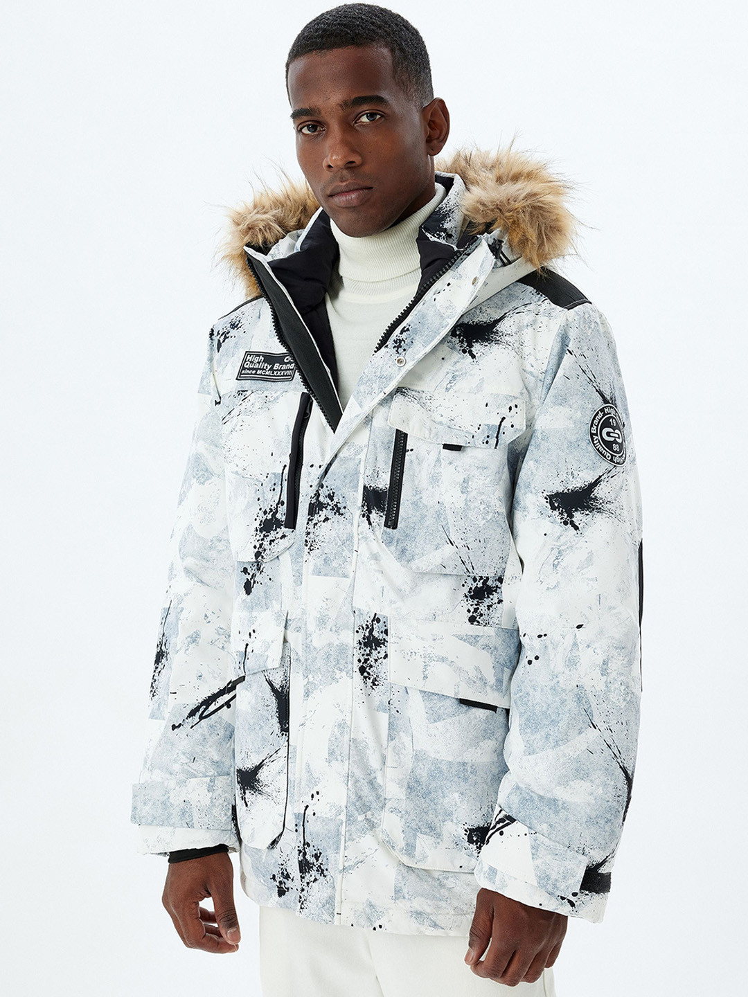 Koton Men Hooded Graphic Printed Casual Parka Jacket