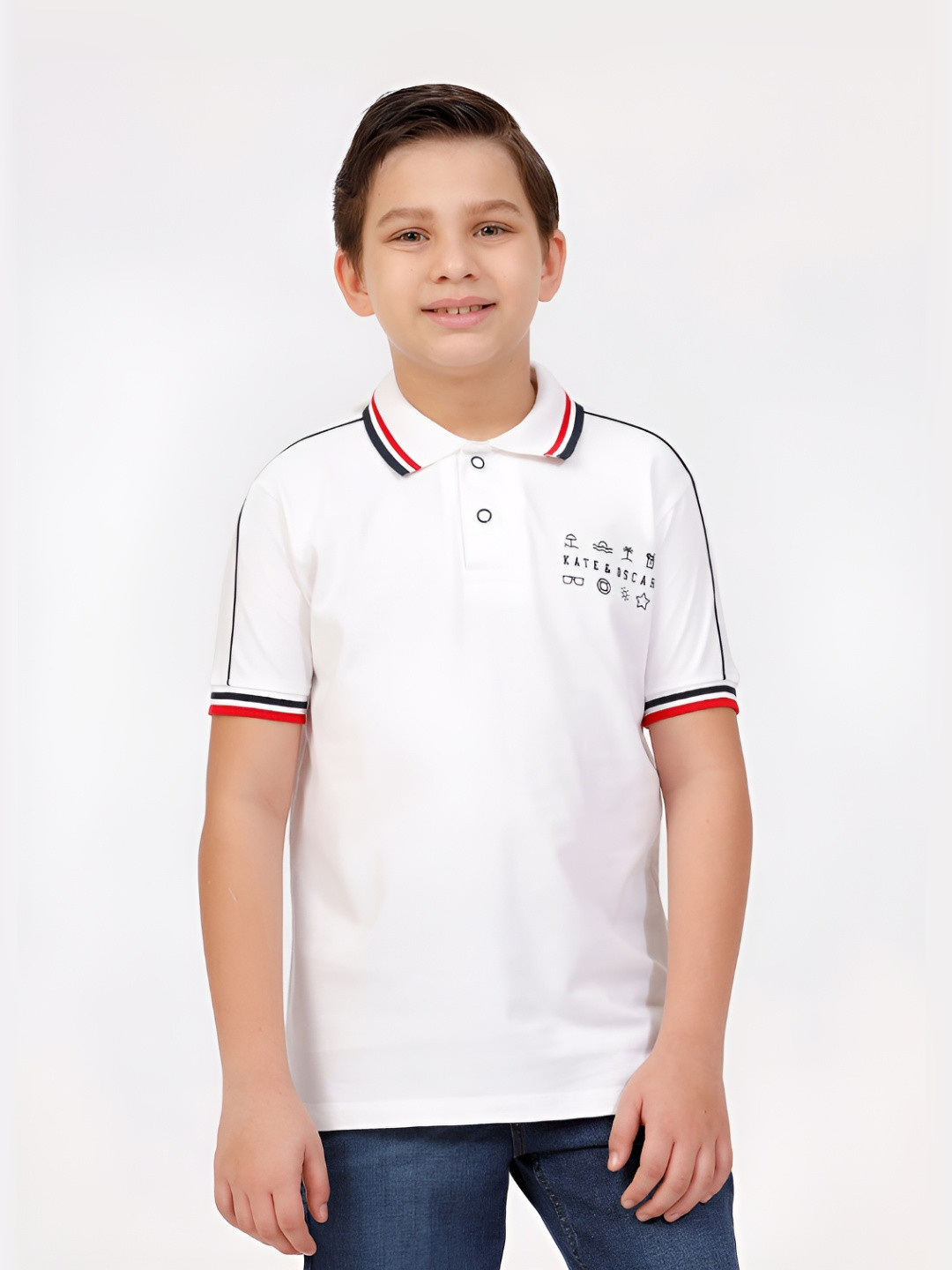 KATE & OSCAR Boys Solid Printed Polo Collar Cotton T-shirt
