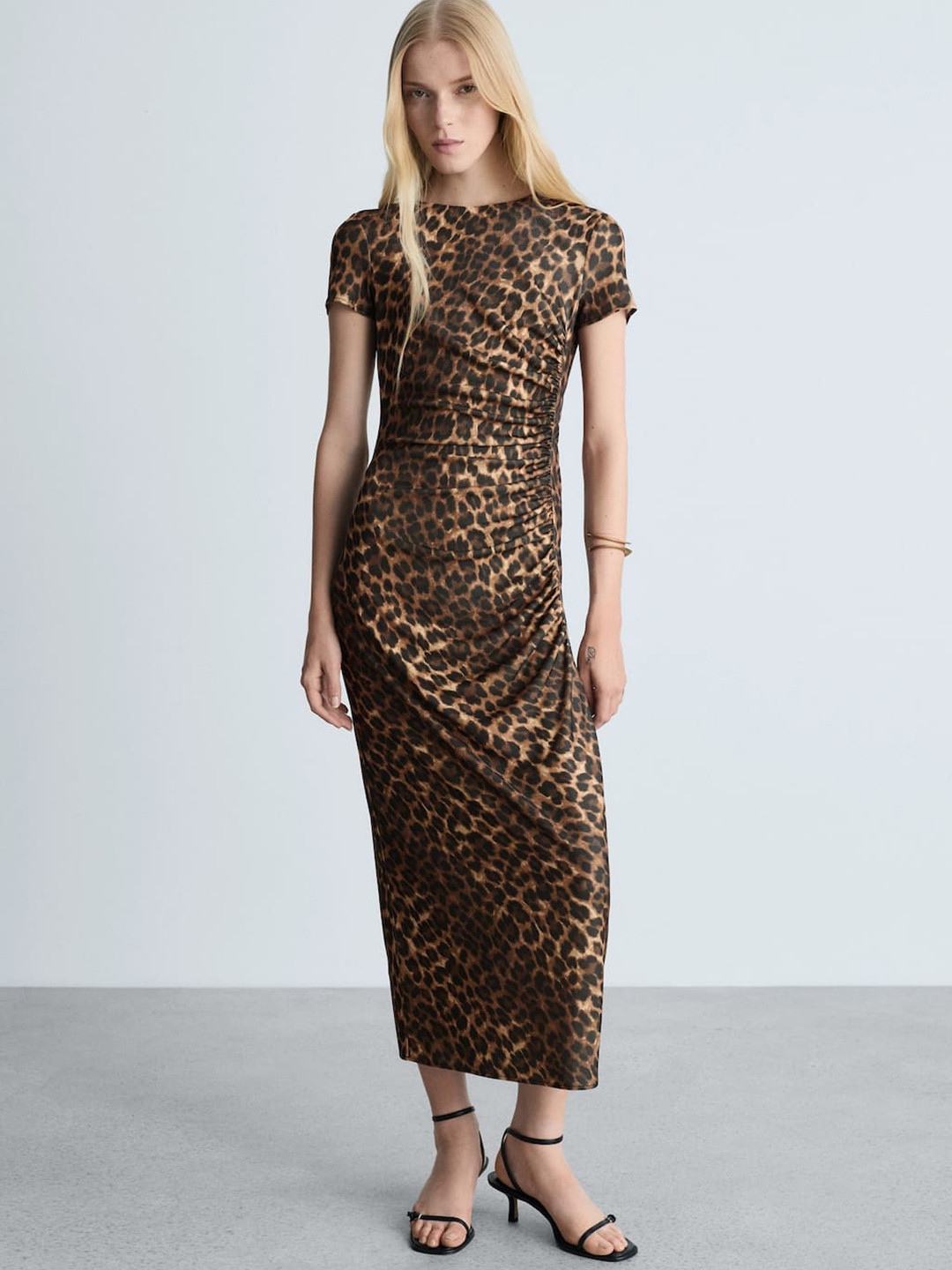 MANGO Animal Print Ruched Midi Dress