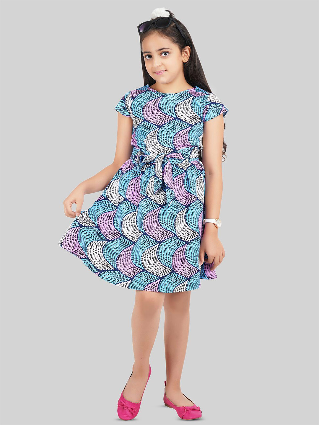 BEING NAUGHTY Blue Kids-Girls Striped Crepe Fit & Flare Round Neck Dress