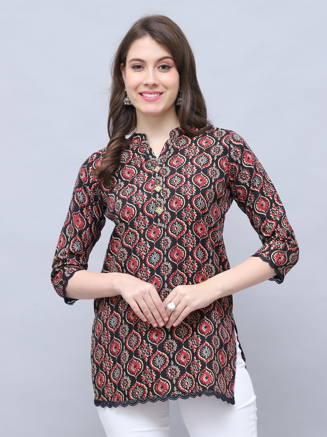 Roly Poly Mandarin Collar Printed Ethnic Tunic