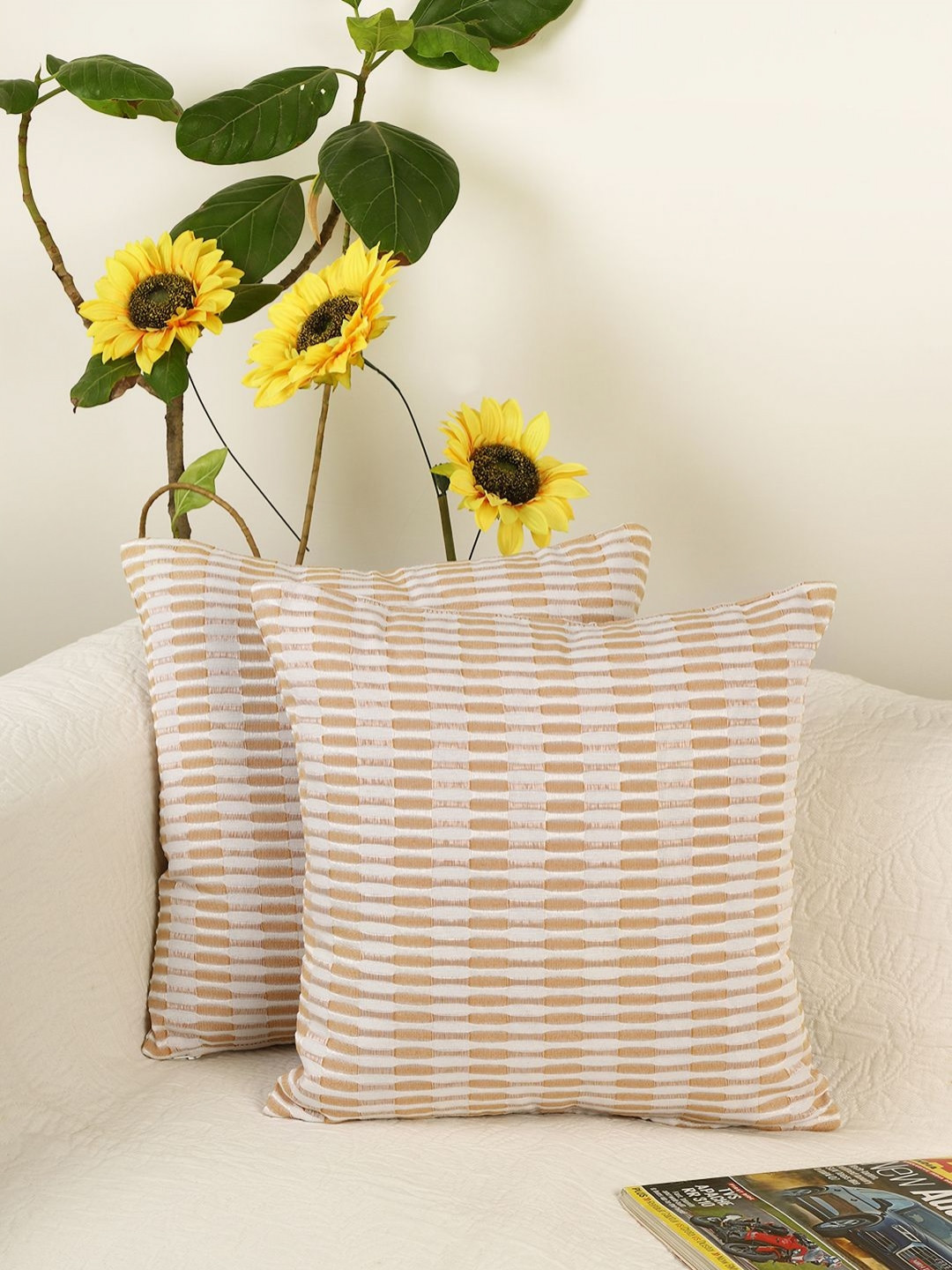 Jamio Firati Orange Striped Cotton Lightweight 2 Pcs Textured Cushion Covers -16x16In