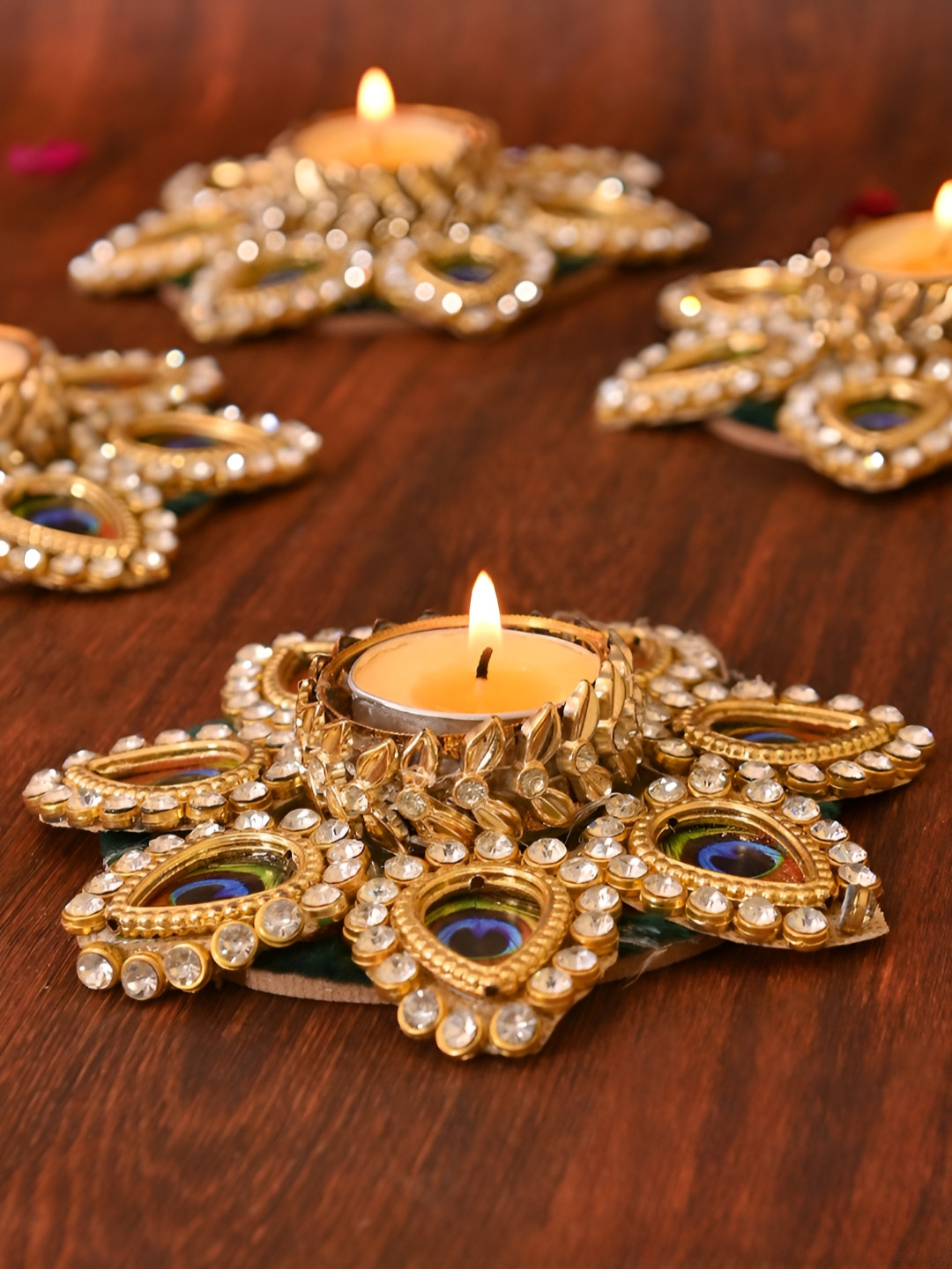 Aapno Rajasthan Tea Light Artistry Pecock feather desig 2Pcs Smokeless Solid Diyas Candles