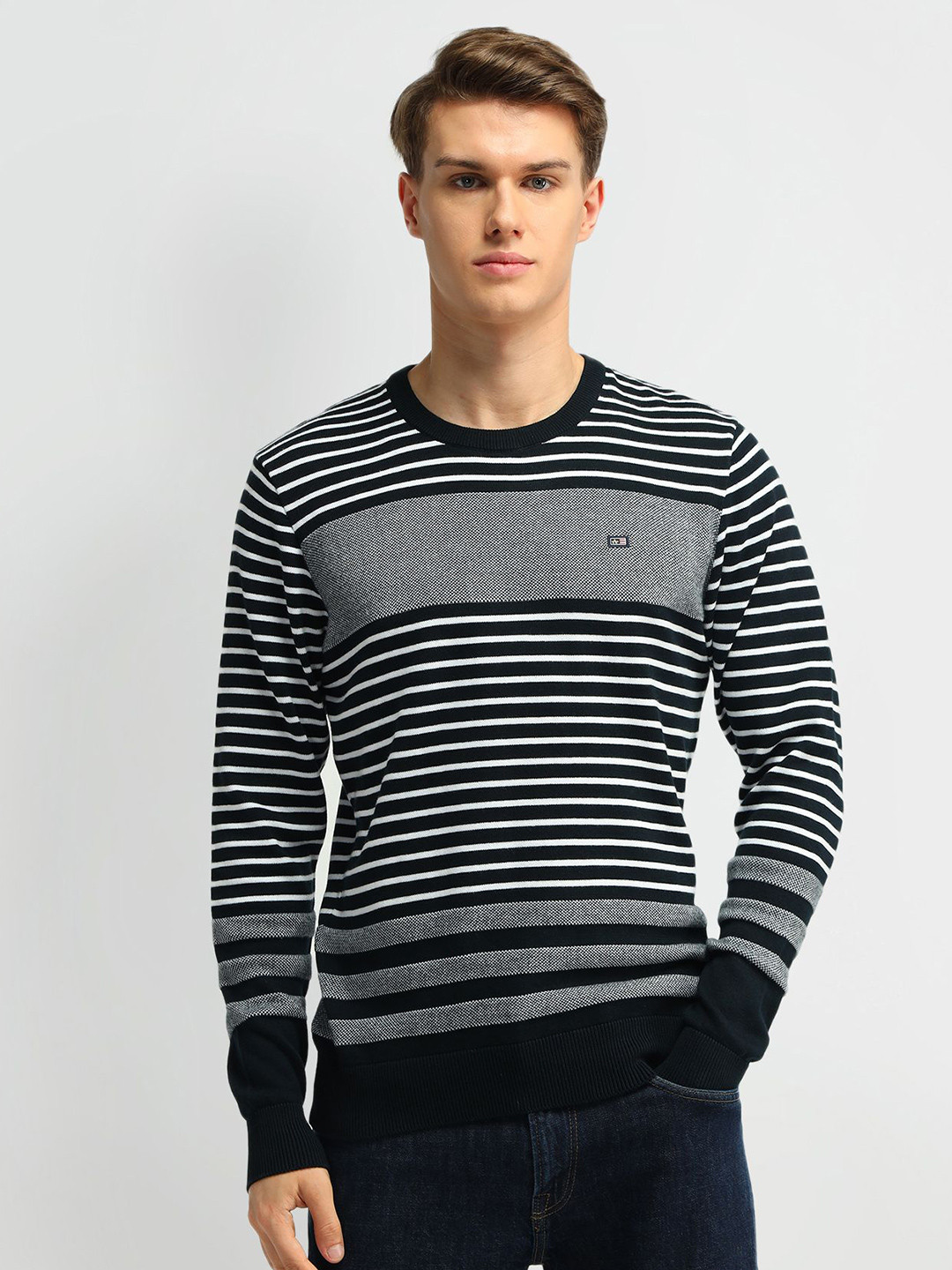 Arrow Sport Men Cotton Black and White Striped Round neck Full Sleeves Pullover