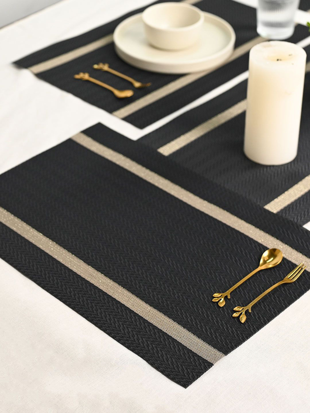 MARKET99 Black & Grey 2 Pieces Striped Rectangular Placemats