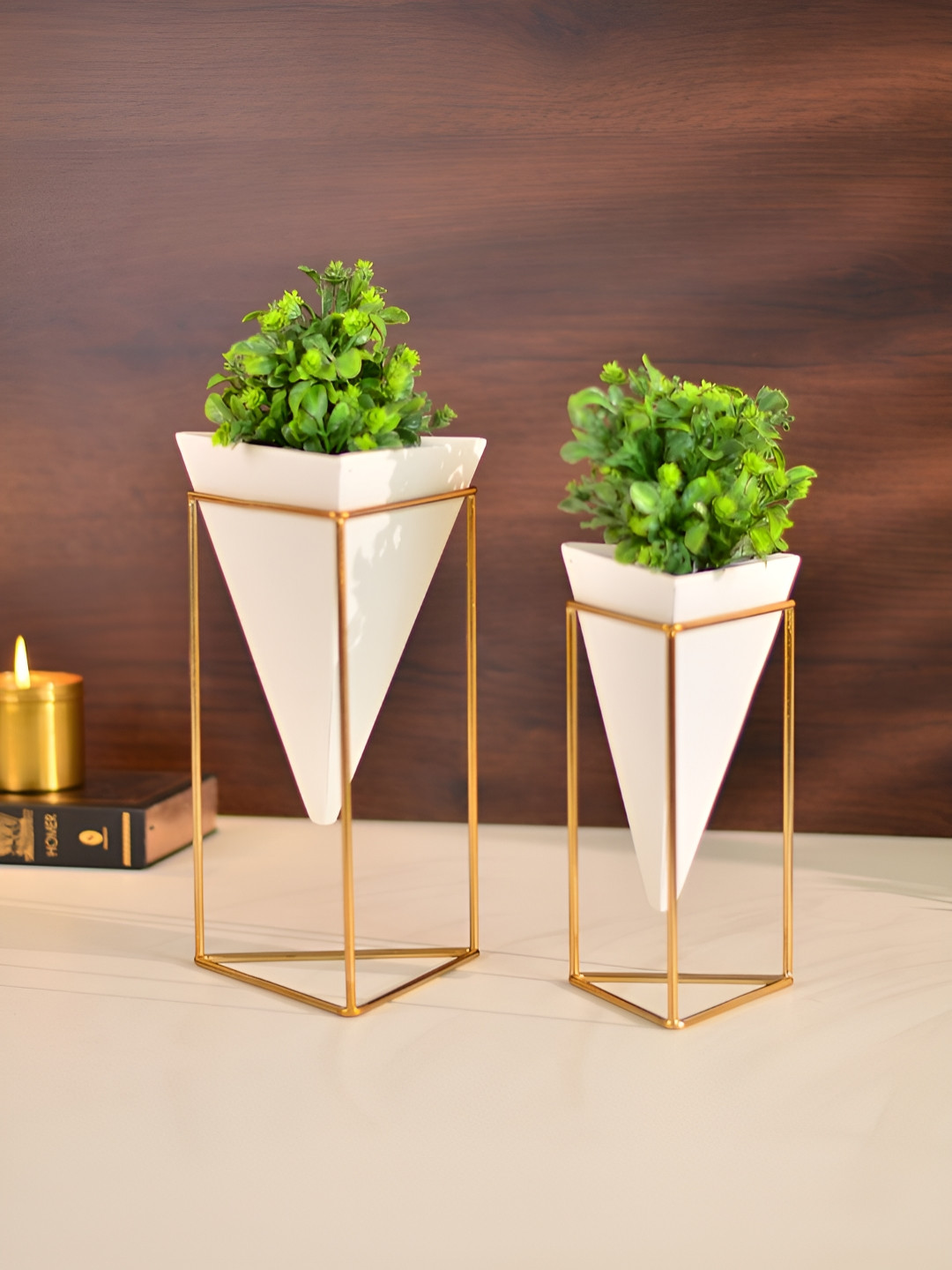 Cinch Home White & Gold Toned 2 Pieces Triangular Desk Planters