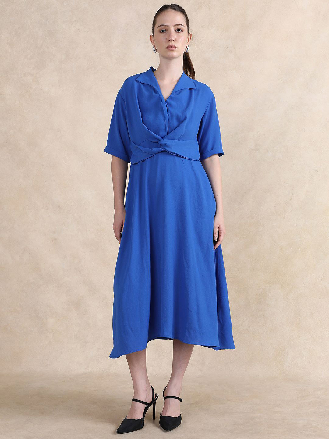 RAREISM Women Blue Cowl Neck Fit & Flare Maxi Dress