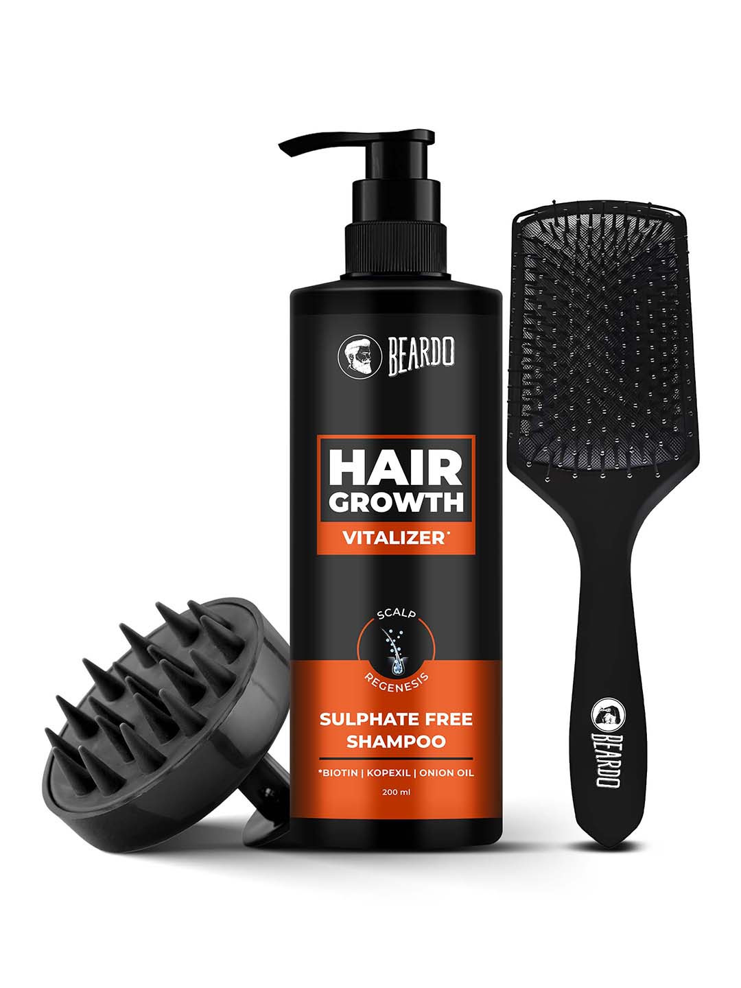 BEARDO 3 Pcs Scalp Massager, Detangling Hair Brush & Hair Growth Vitalizer Shampoo - 200ml