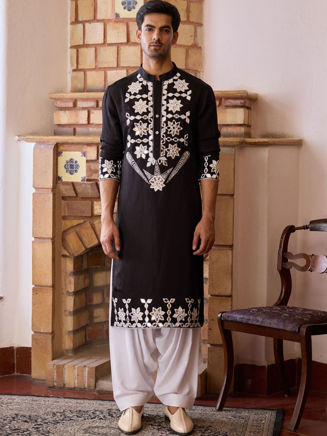 Ankit V Kapoor Floral Embroidered Mirror Work Mandarin Collar Straight Kurta with Salwar