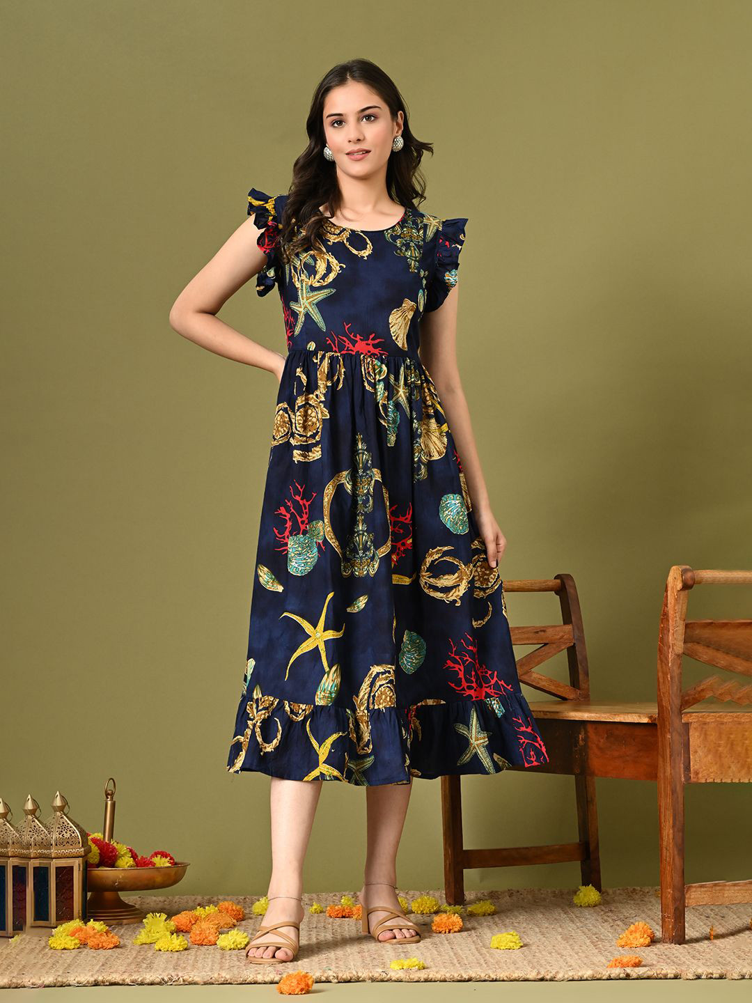 DECKEDUP Tropical Flutter Sleeve A-Line Midi Dress