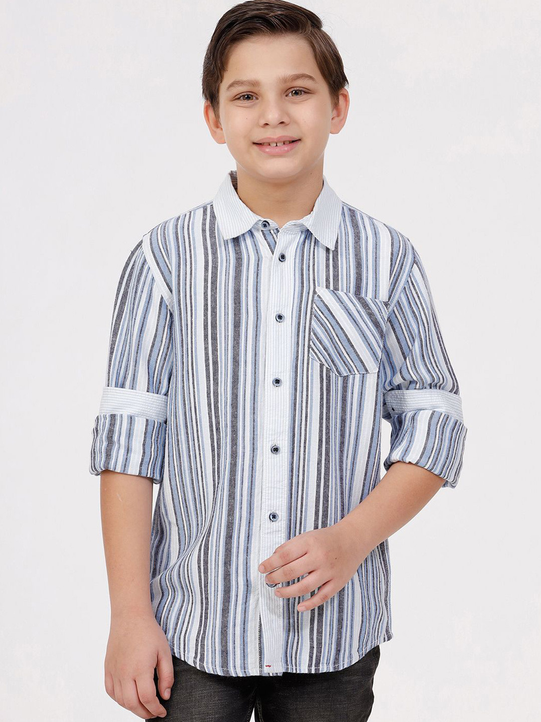 KATE & OSCAR Boys Cutaway Collar Vertical Striped Casual Shirt
