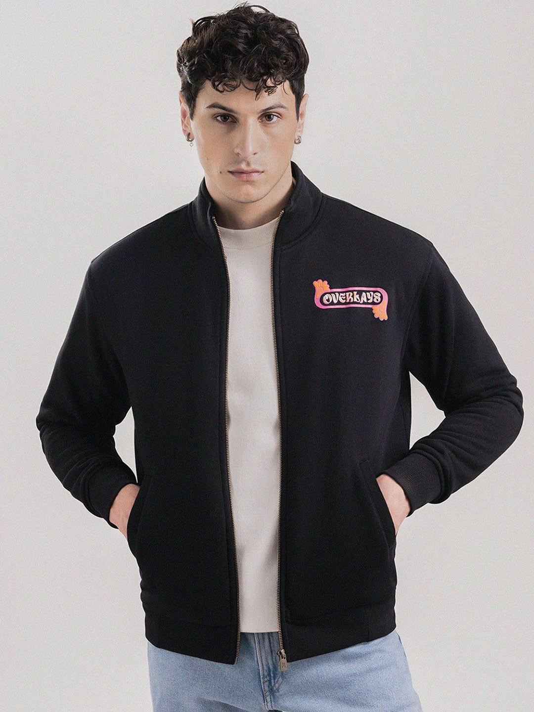 Overlays Men Mock Collar Graphic Printed Cotton Casual Bomber Jacket