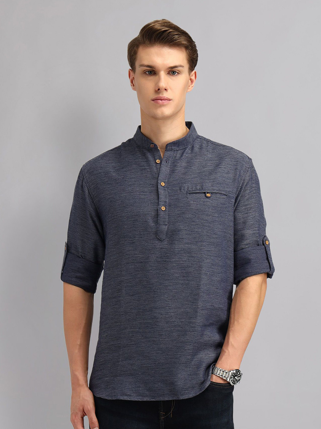 AD By Arvind Men Mandarin Collar Solid Cotton Slim Fit Casual Shirt