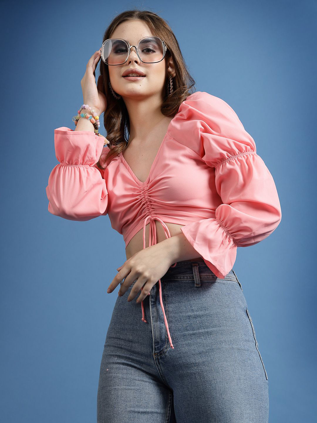 BEING NAUGHTY V-Neck Puff Sleeve Bardot Crop Top