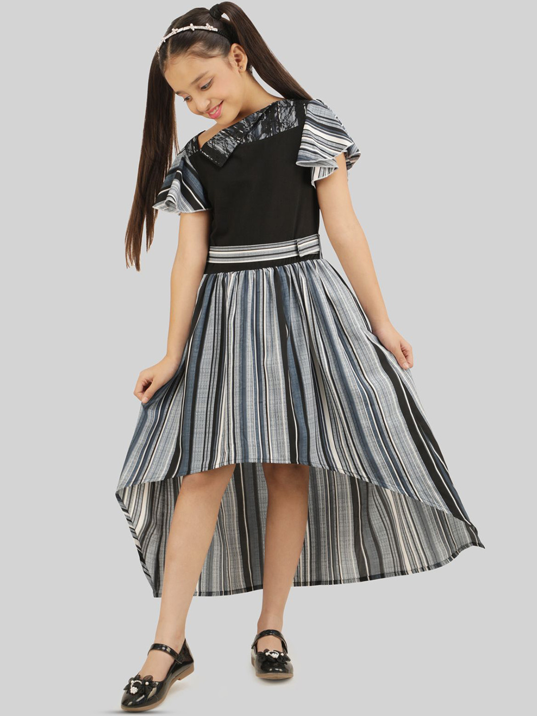 BEING NAUGHTY Striped Crepe Black Fit & Flare Kids-Girls High Low Midi Dress
