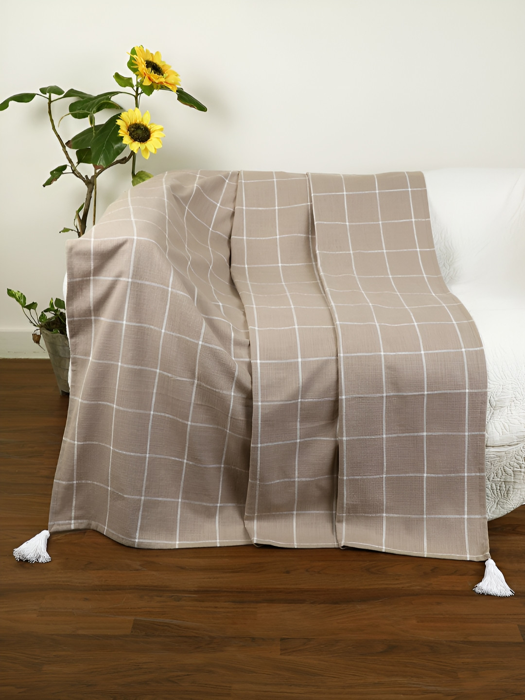 Jamio Firati Beige & White Checked Cotton Throw Blanket