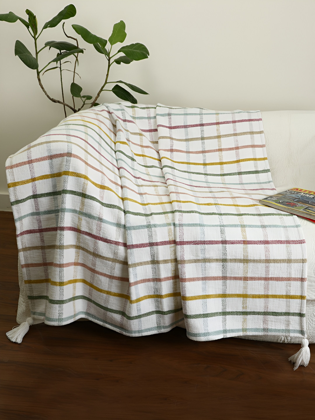 Jamio Firati White & Green Checked Cotton Throw Blanket