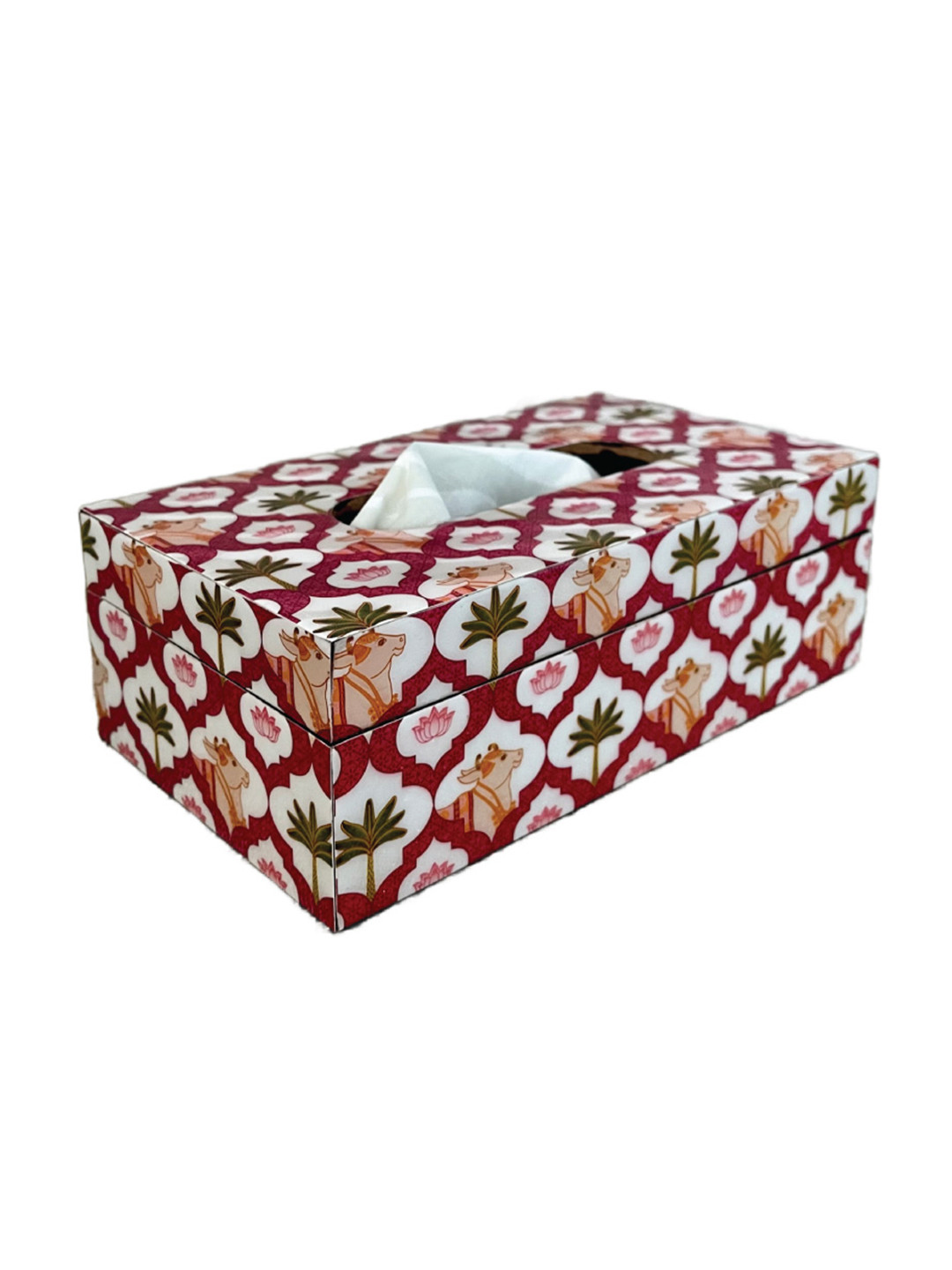 MAATIR DESIGNS Red & White Printed Wooden Tissue Box Holder