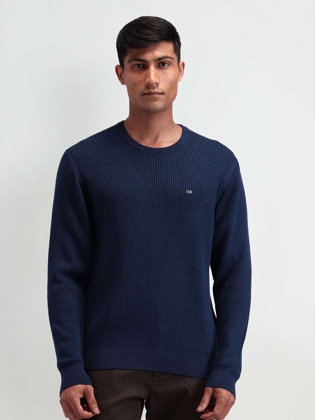 Arrow Sport Men Navy Blue Cotton Long Sleeves Round Neck Pullover