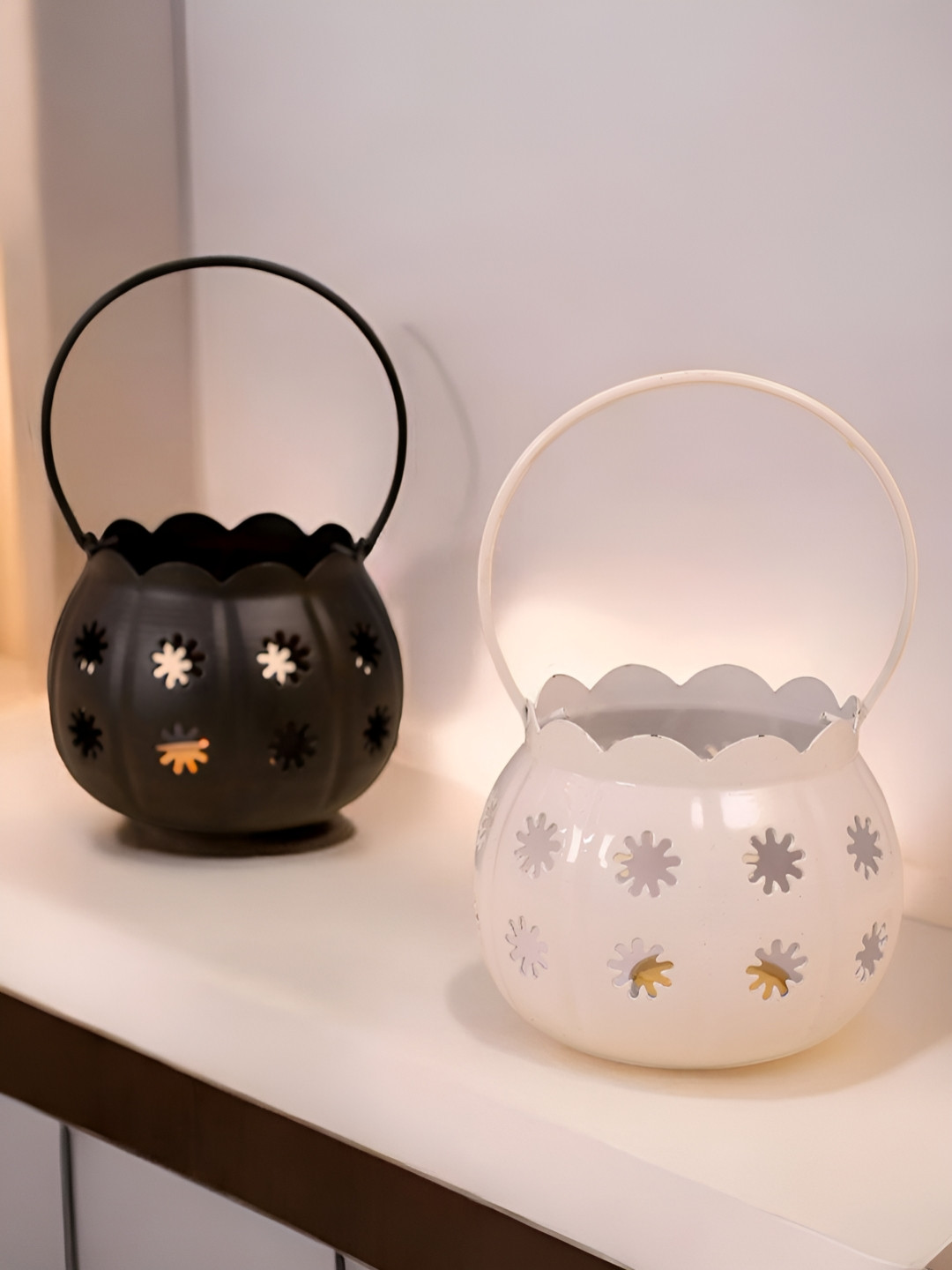 Aapno Rajasthan White 2 Pcs Decorative Metal Lanterns with Floral Cutouts Table Lamps