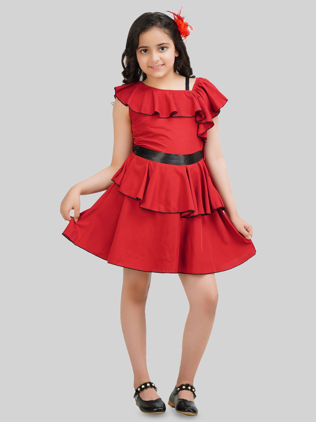 BEING NAUGHTY  Girls Floral Printed Ruffles A-Line Dress Comes with a belt