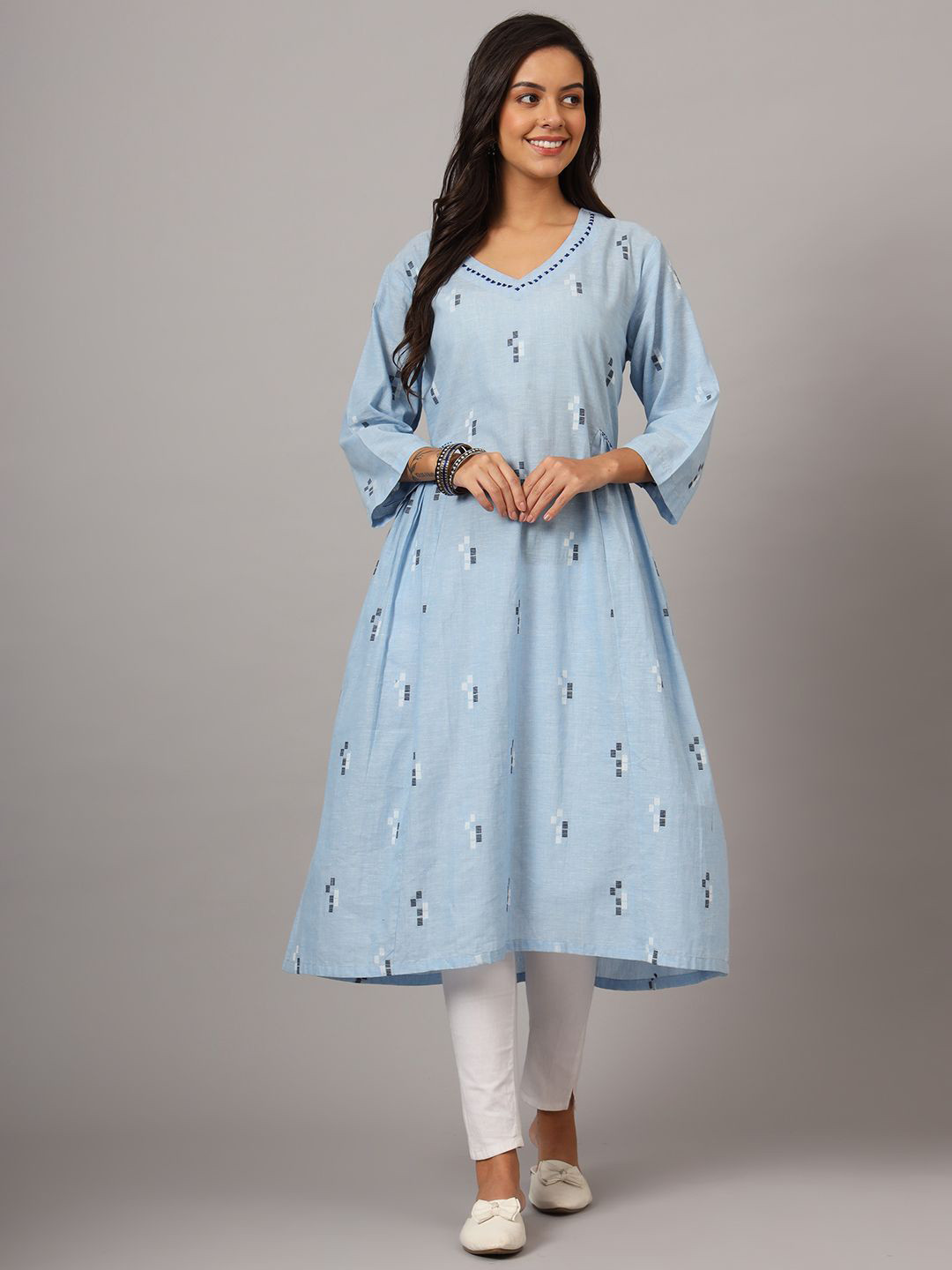 DART STUDIO Women Cotton Print Bell Sleeve A-Line Midi Dress