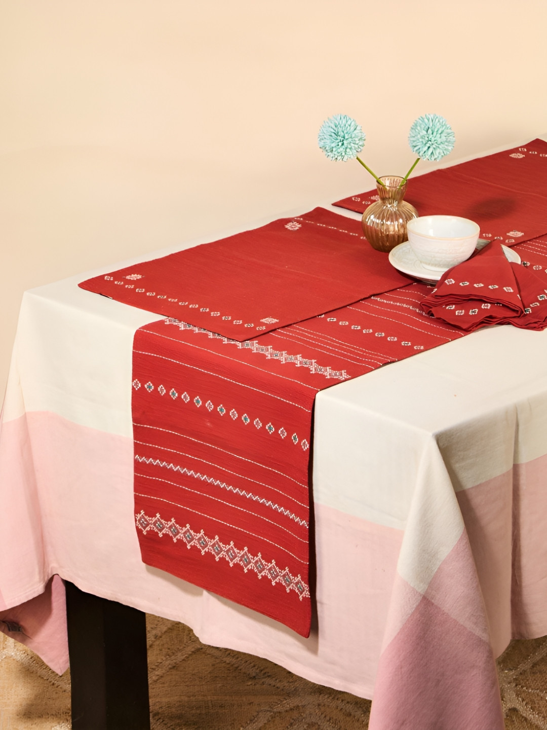 Fabindia 9 Pieces Red & White Cotton Ahava Embroidered Table Linen Set