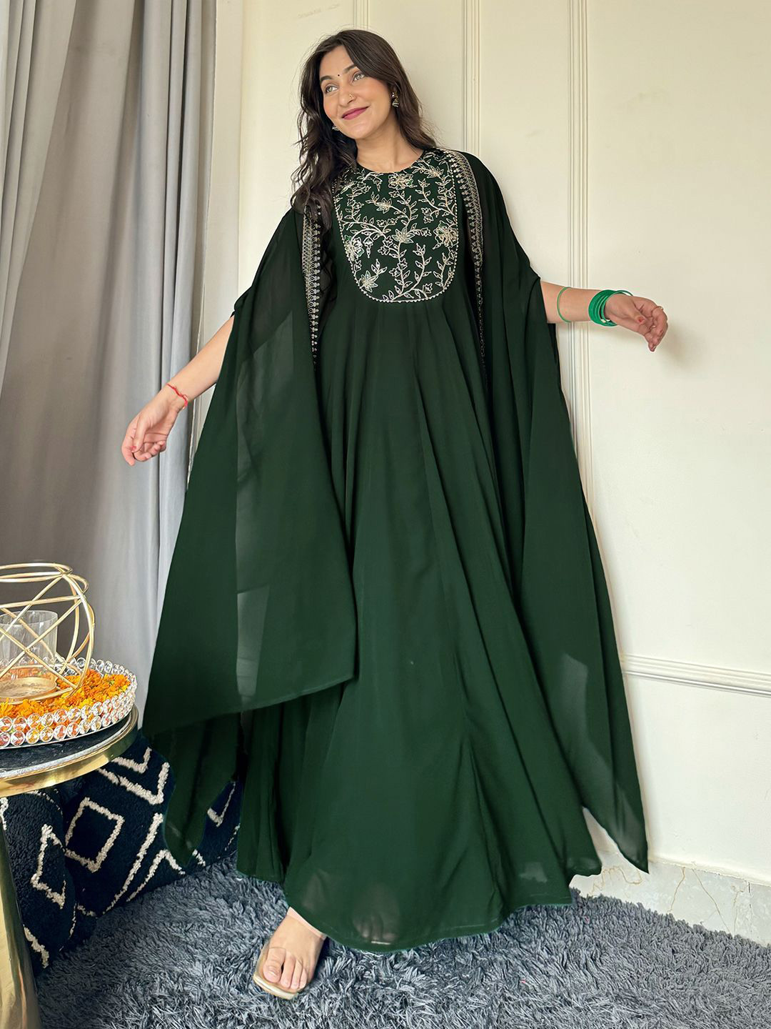 Janasya Women Dark Green Georgette Embroidered Anarkali Dress With Cape