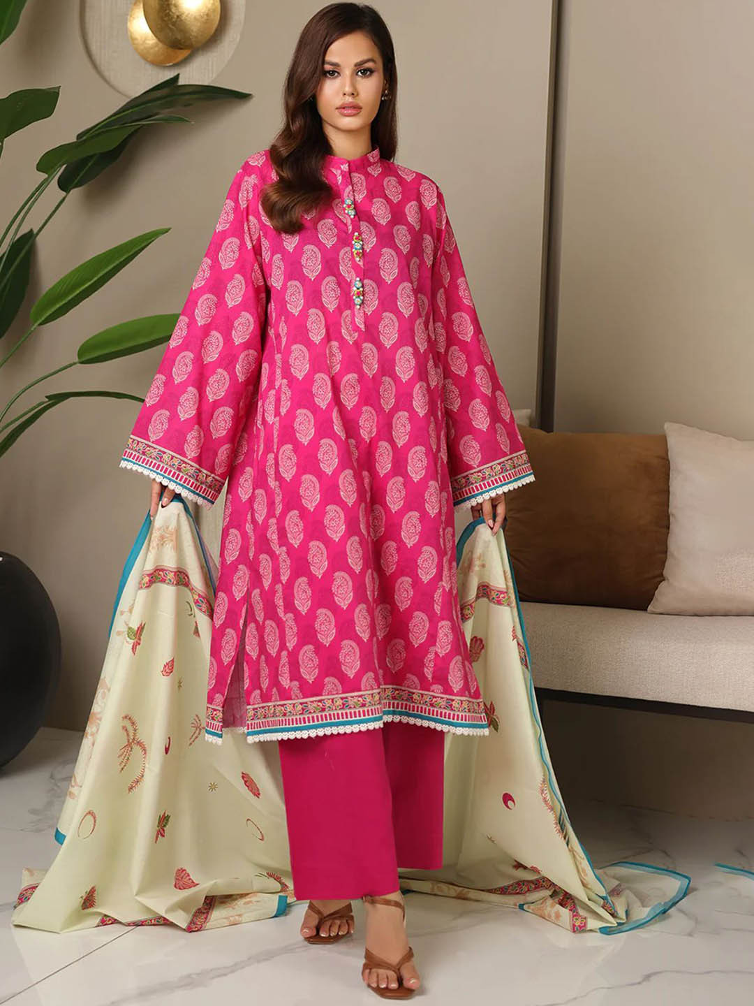 Anouk Pink and Beige Ethnic Motifs Printed Pure Cotton Kurta with Palazzo & Dupatta