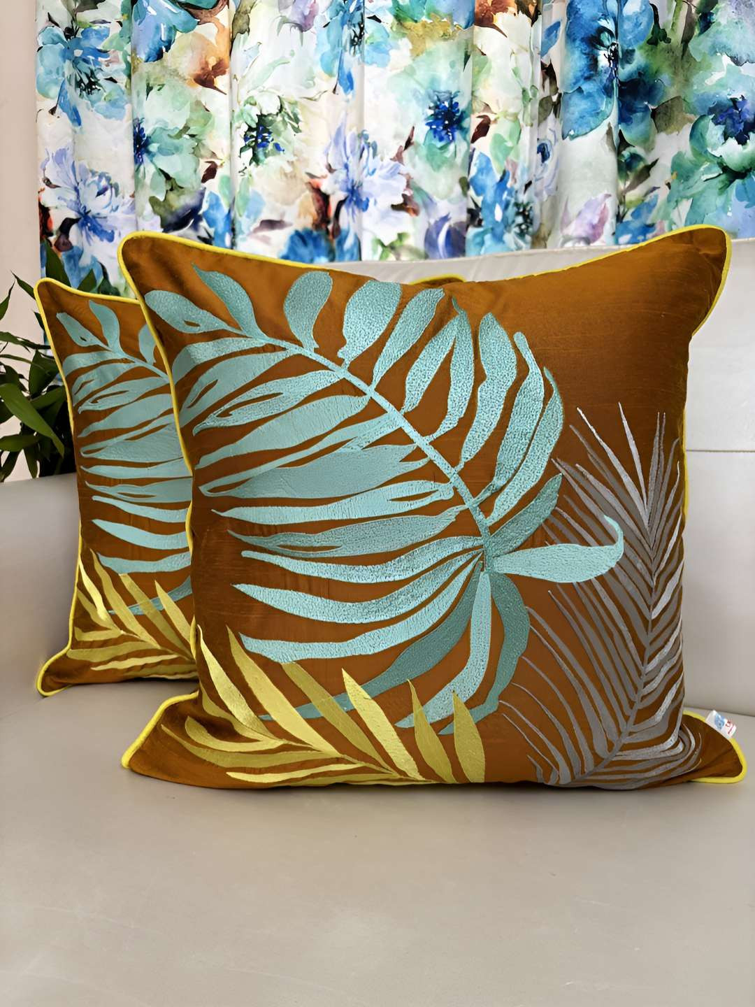 TARA- Sparkling Homes Bronze-Toned & Blue 2 Pieces Embroidered Square Cushion Covers