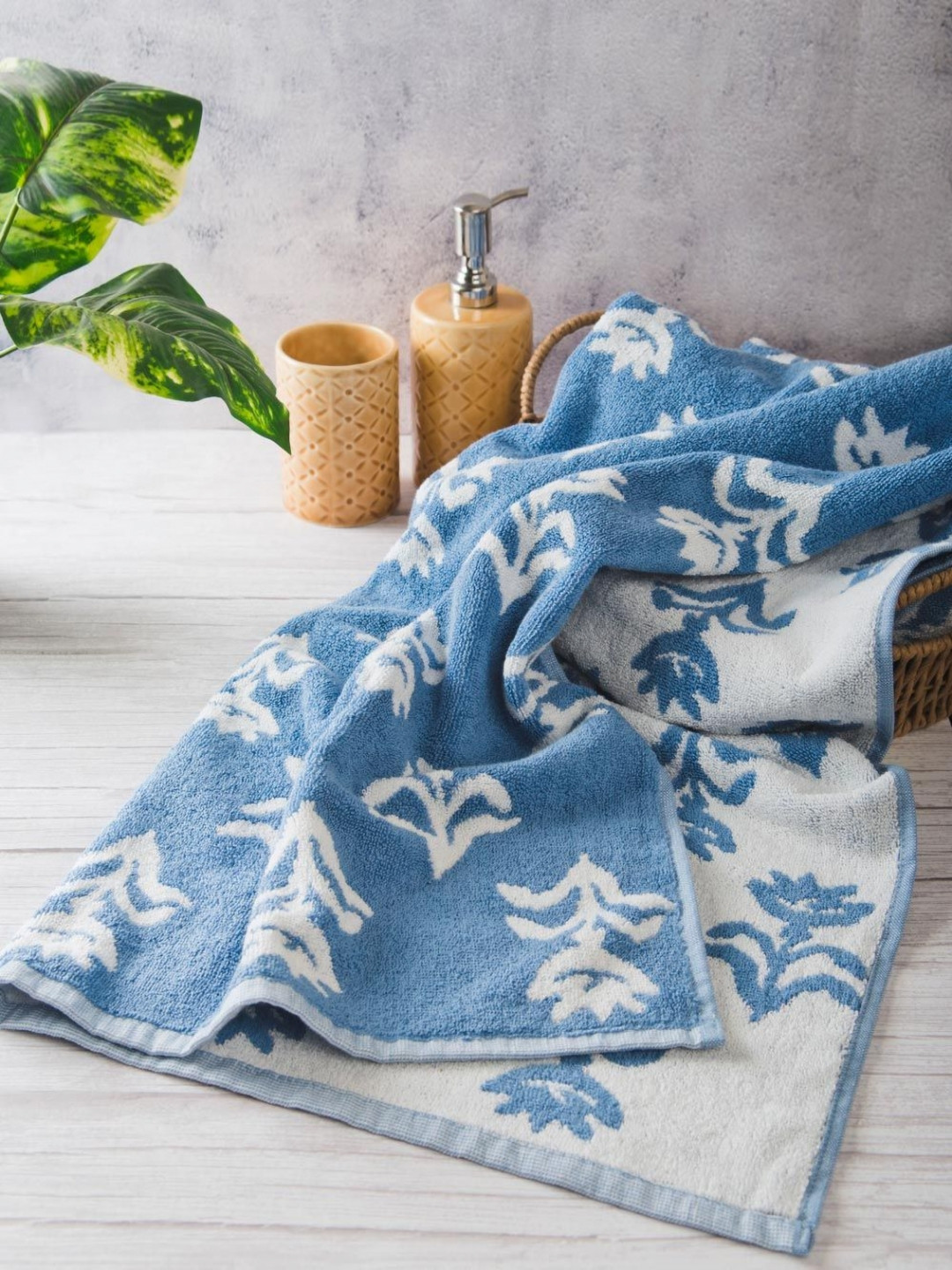 Fabindia Woven Blue Floral Cotton 570GSM Super Soft Adult Regular Bath Towel-24x15In