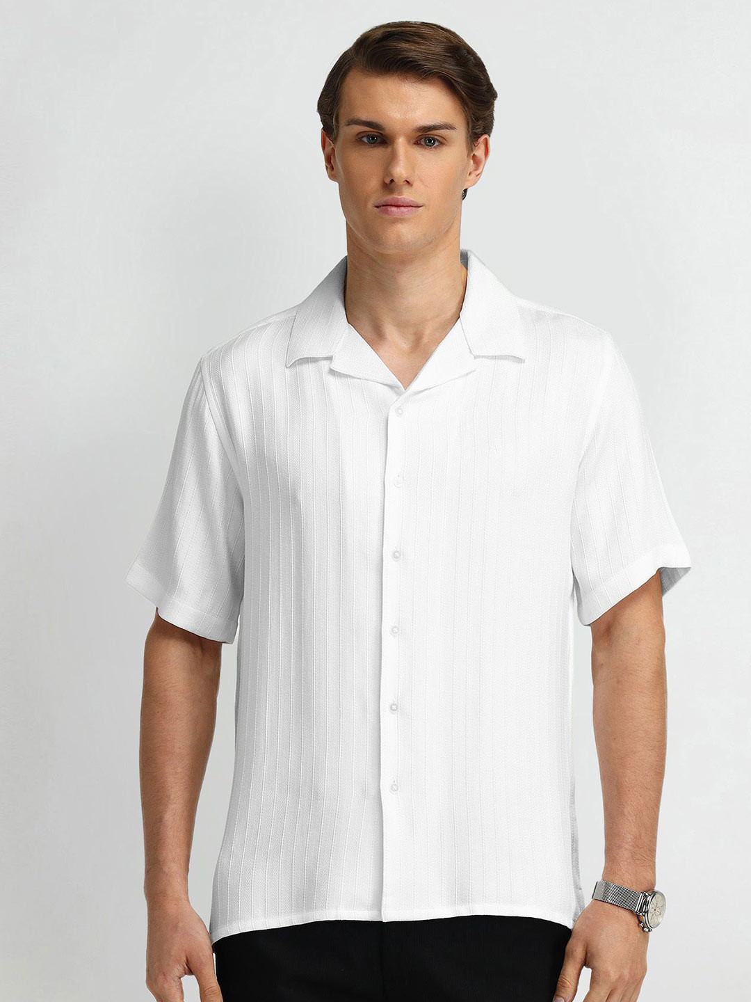 Arrow New York Men Manhattan Cuban Collar Textured Slim Fit Casual Shirt