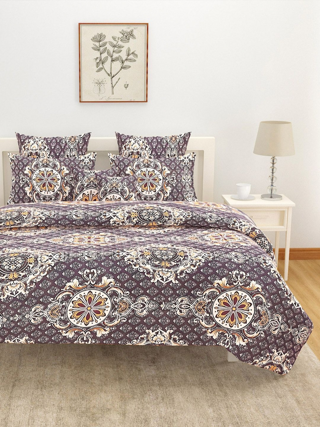 SWAYAM Tulip Brown Floral Microfiber 160 TC King Bedsheet with 2 Pillow Covers-90 x 100 inches