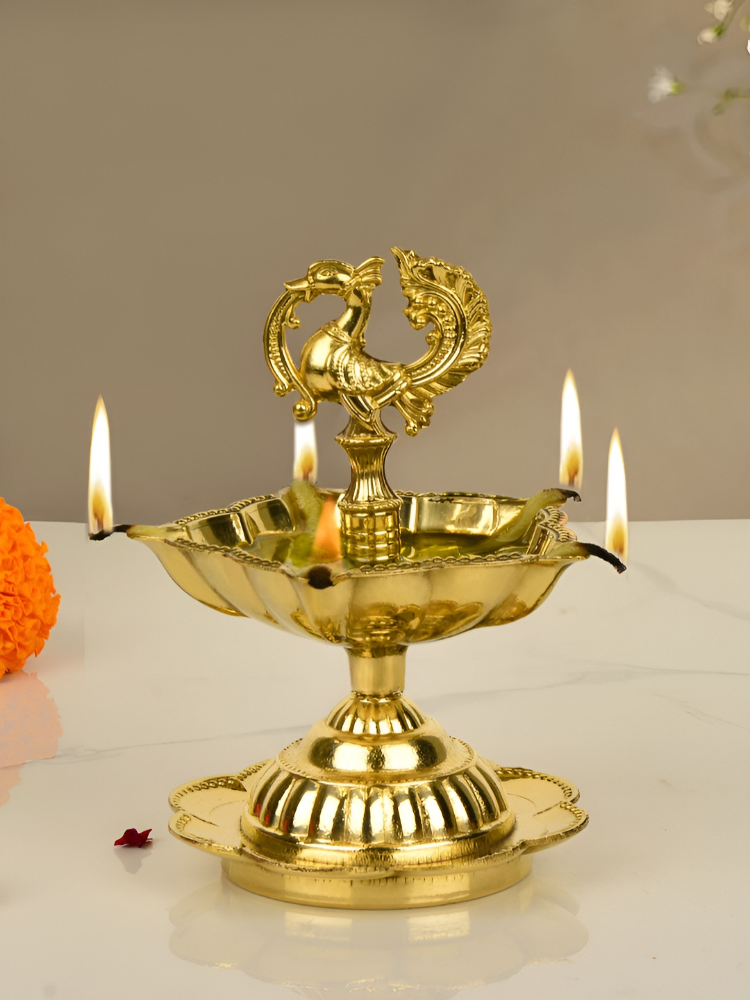 StyleMyWay Golden Premium Brass Dancing Peacock Panchmukhi Diya