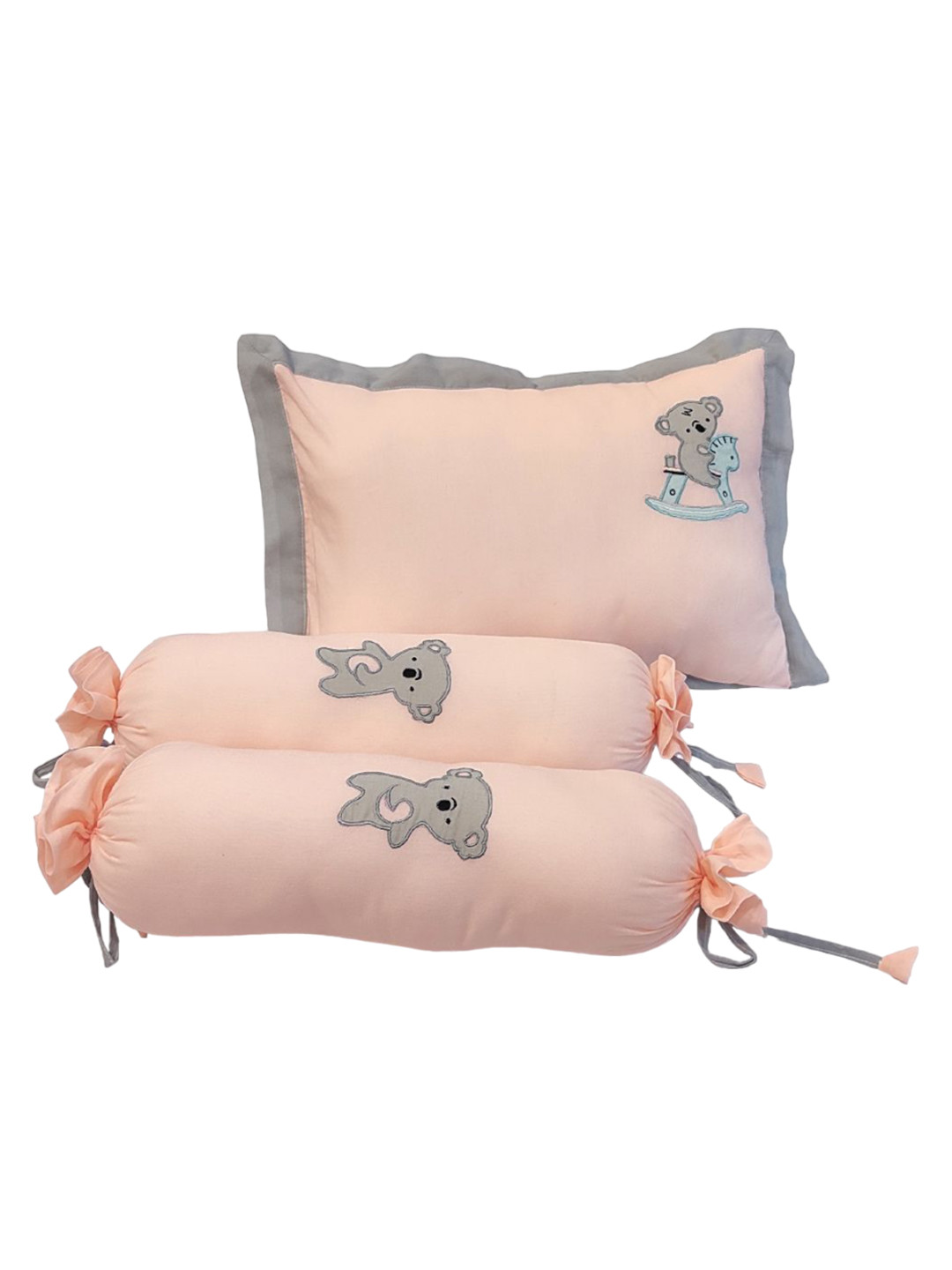 The White Cradle Set Of 3 Pink Printed Pure Organic Cotton Bolster & Pillow Set