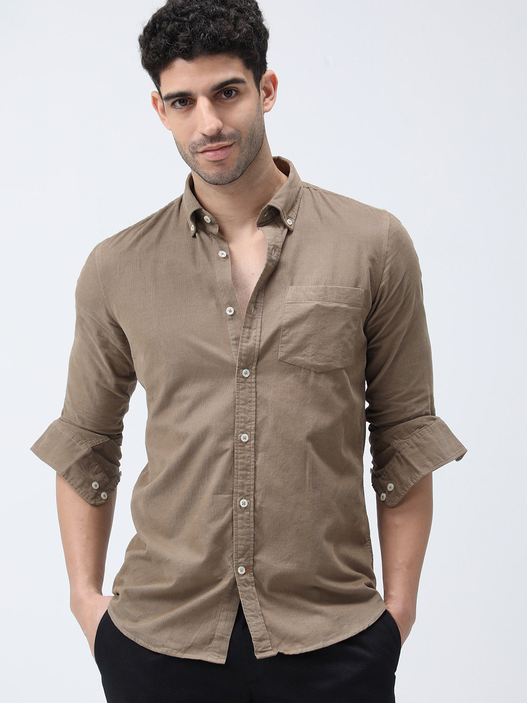 BARE BROWN Men Button-Down Collar Solid Cotton Slim Fit Casual Shirt