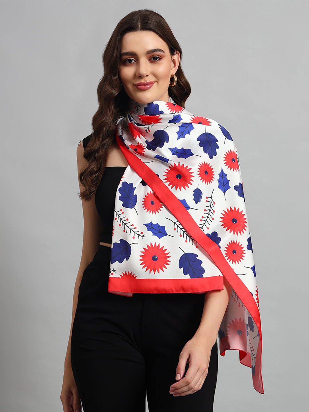 Ravaiyaa Women White and Red Printed Satin Scarf