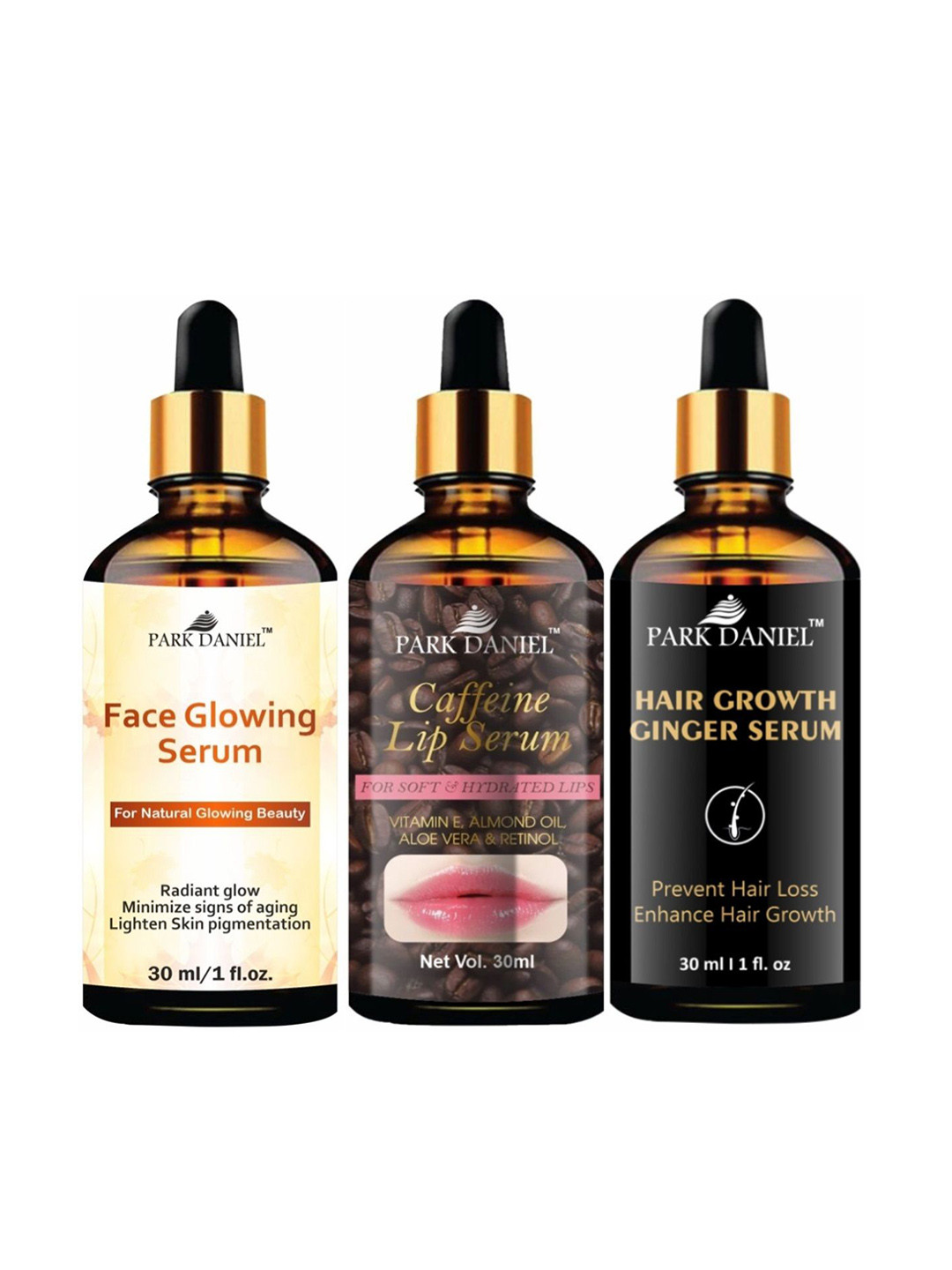 Park Daniel Set Of 3 Face Glowing Serum Caffeine Lip & Hair Growth Ginger Serum