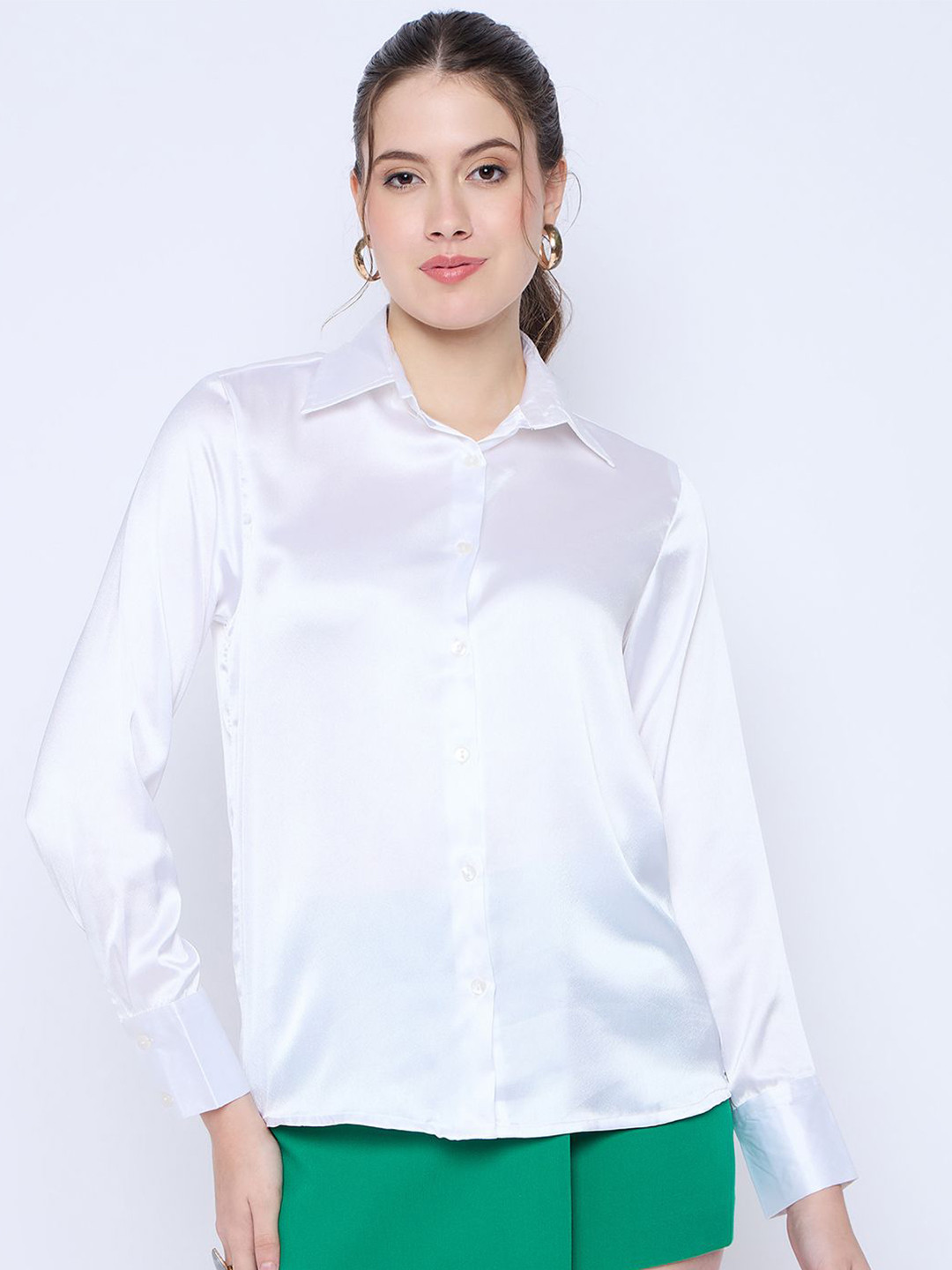 Color Cocktail Women Spread Collar Solid Satin Casual Shirt