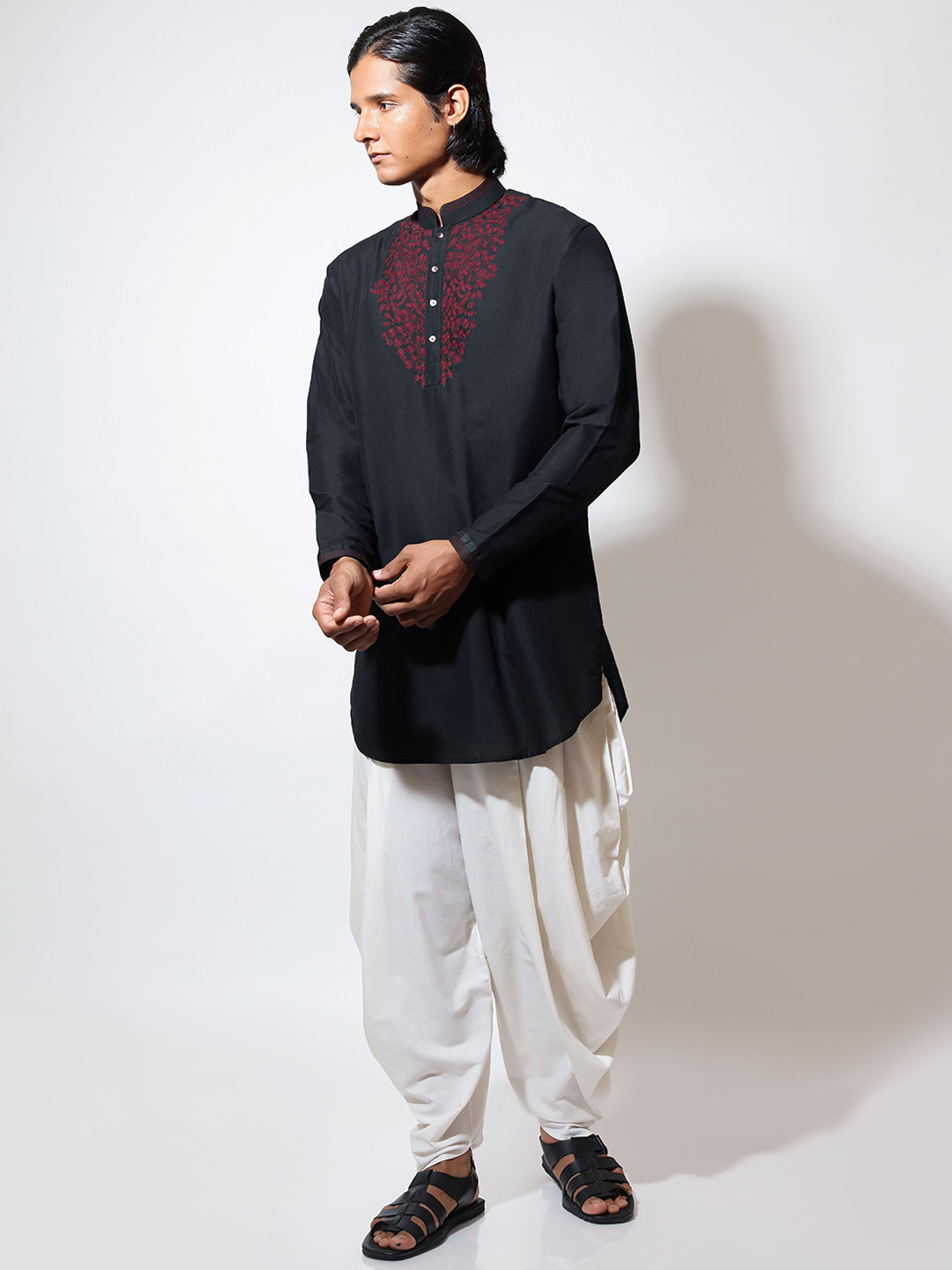 VIVEK KARUNAKARAN Floral Embroidered Thread Work Straight Kurta With Dhoti Pants