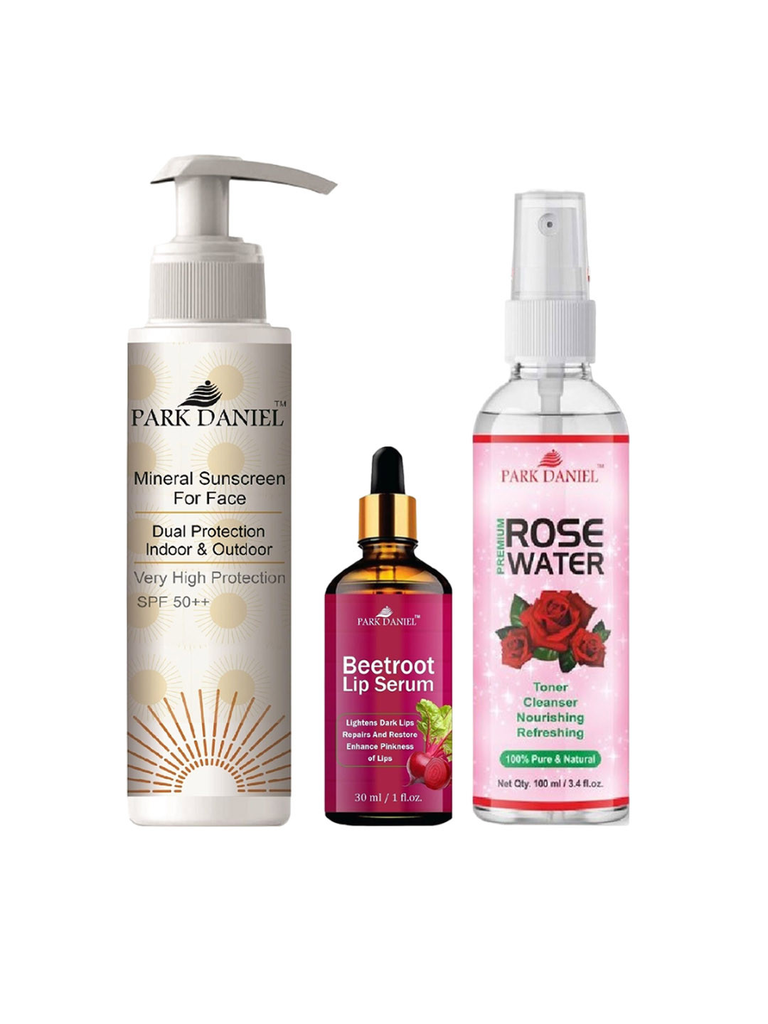 Park Daniel Set of Sunscreen, Rose Water & Lip Serum - 100ml + 100ml + 30ml