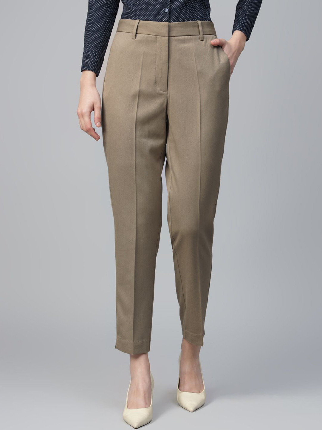 English Navy Women Mid Rise Slim Cigarette Fit Formal Trousers