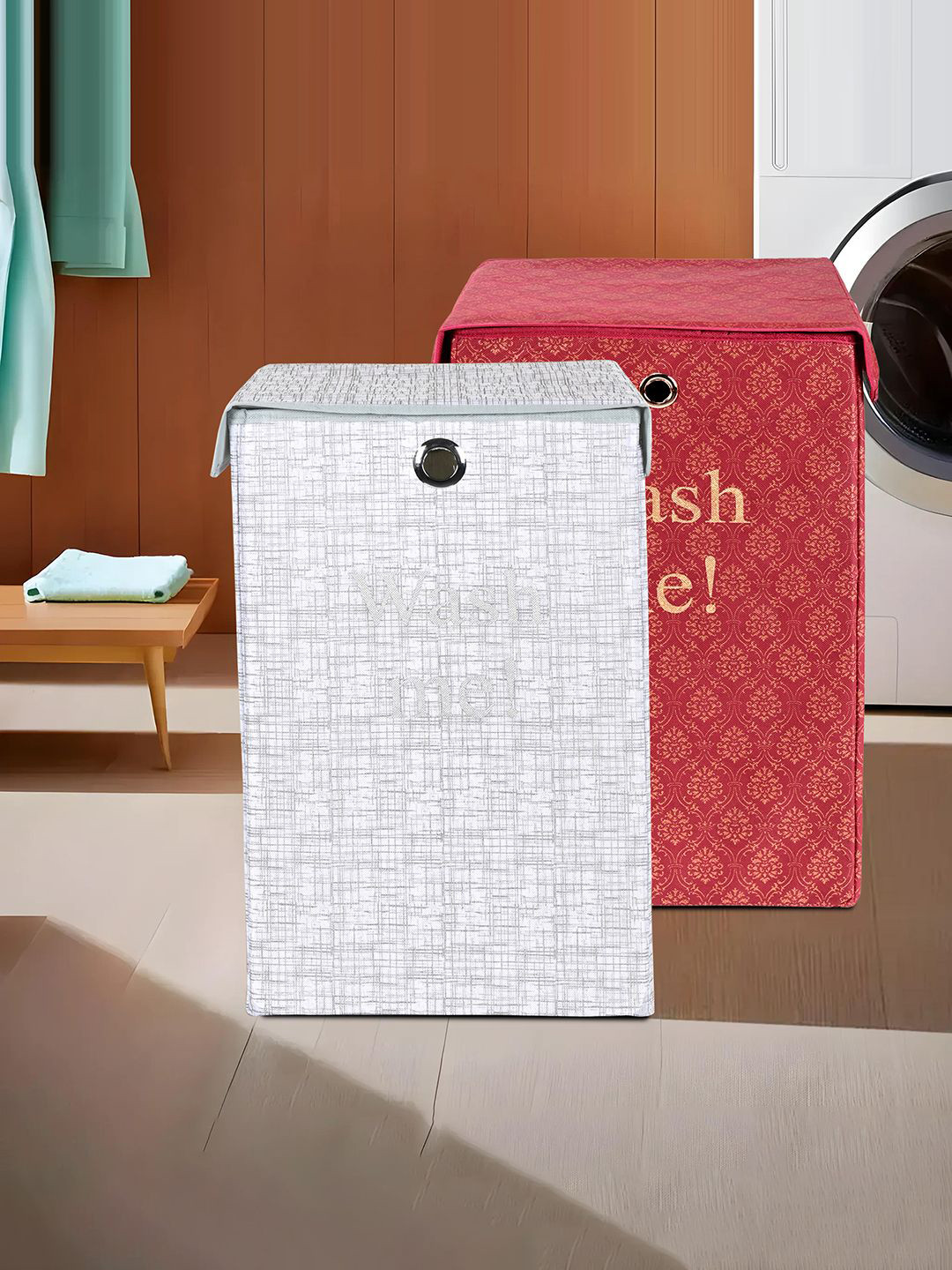 Kuber Industries Grey & Maroon 2 Pieces Printed Foldable Dustproof Laundry Bags 75L