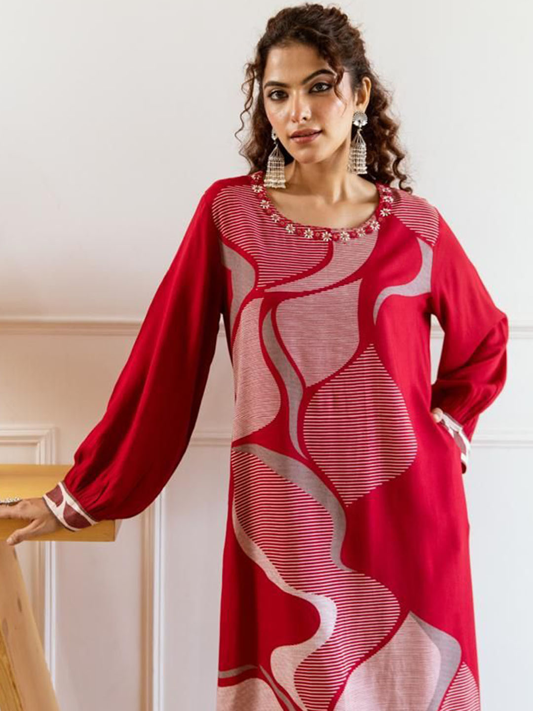 Anouk Red and White Printed Thread Work Straight Kurta with Palazzos