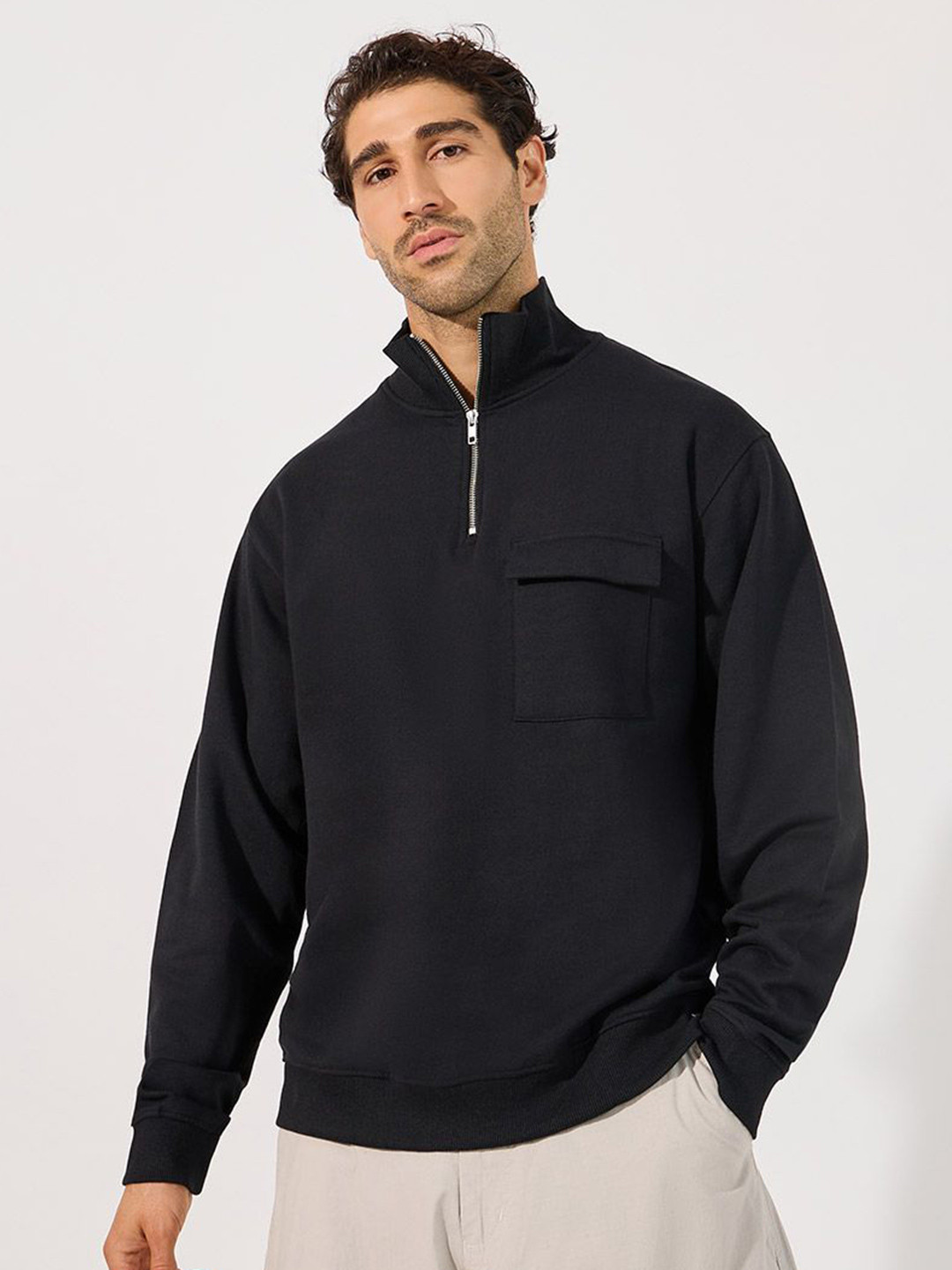 Styli Men Quarter Zip Rib High Neck Relaxed Fit Sweatshirt