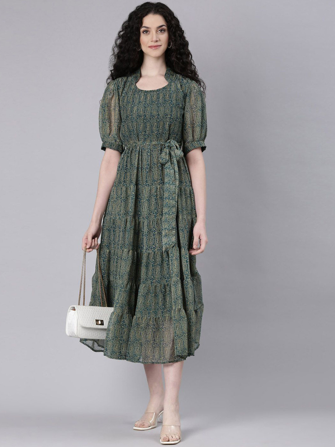 Souchii Women Green Printed Short Puff Sleeves Maxi Dress