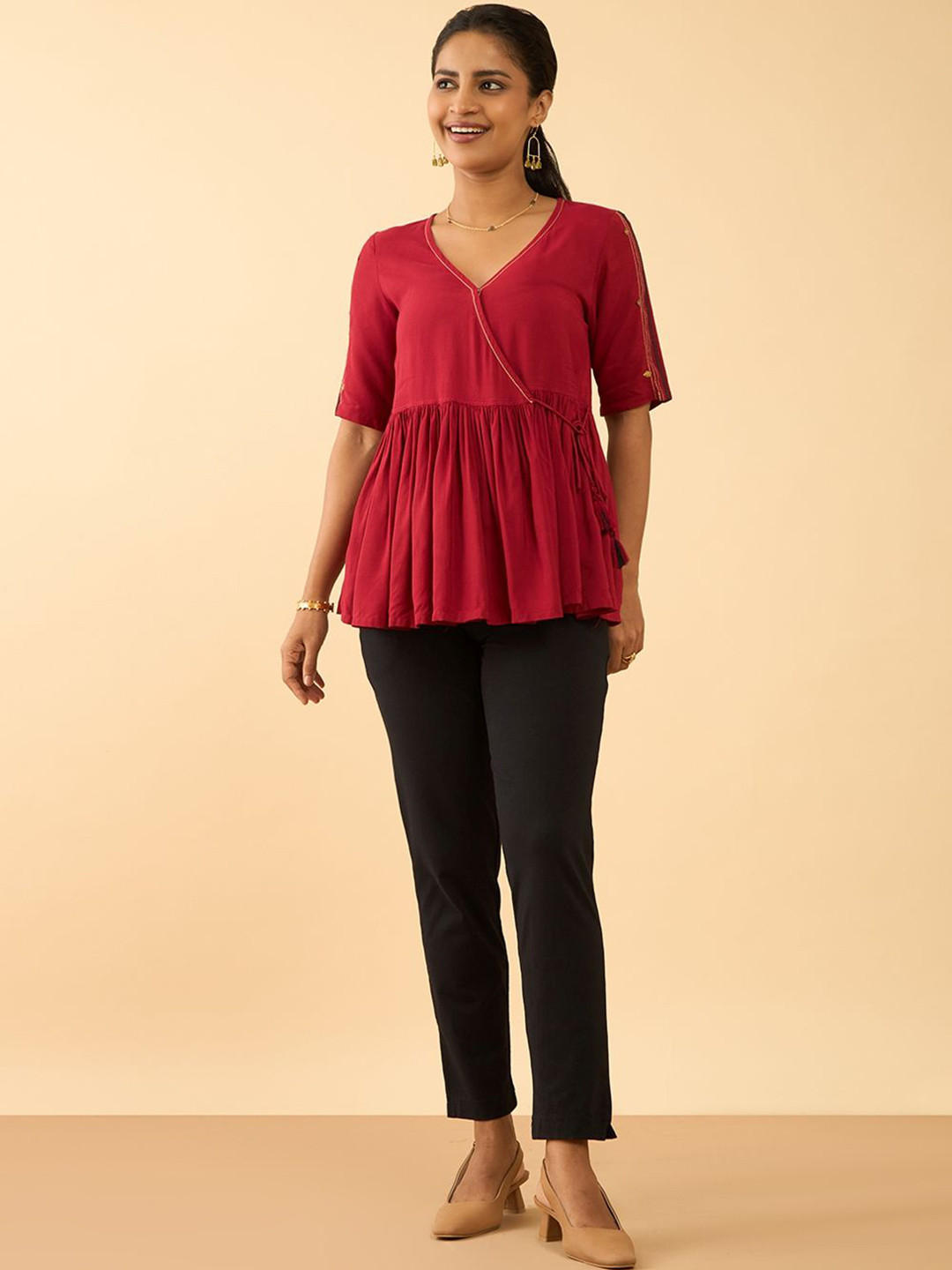 Taneira V Neck Embroidered Thread Work Peplum Top